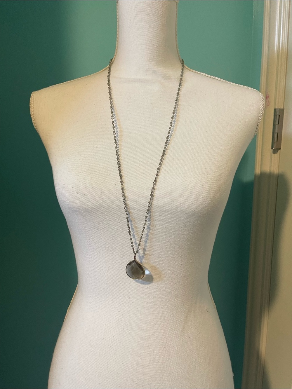 Silver Long Pendant Necklace with Gray Stone